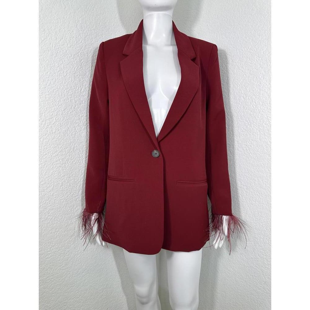 WAYF Feather Cuff Red Blazer XS Statement Party Chic Minimalist Holiday